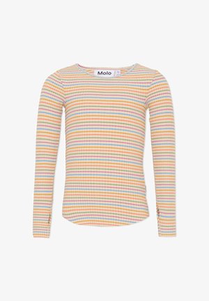 Camicia a maniche lunghe in tessuto a costine; presenta strisce orizzontali in arancione, rosa e blu su sfondo beige chiaro; scollatura arrotondata.