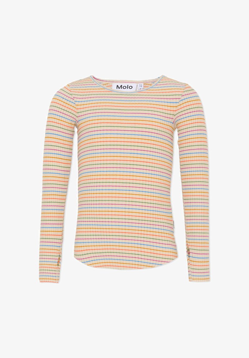 Chemise à manches longues en tissu côtelé; présente des rayures horizontales en orange, rose et bleu sur un fond beige clair; encolure arrondie.