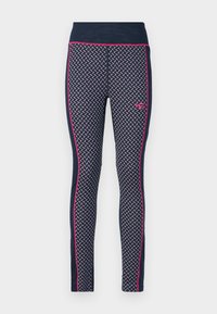 Marine leggings med mønstrete stoff som har rosa aksenter og en bred midjebånd. Designet inkluderer kontrasterende sidelapper og en logo.