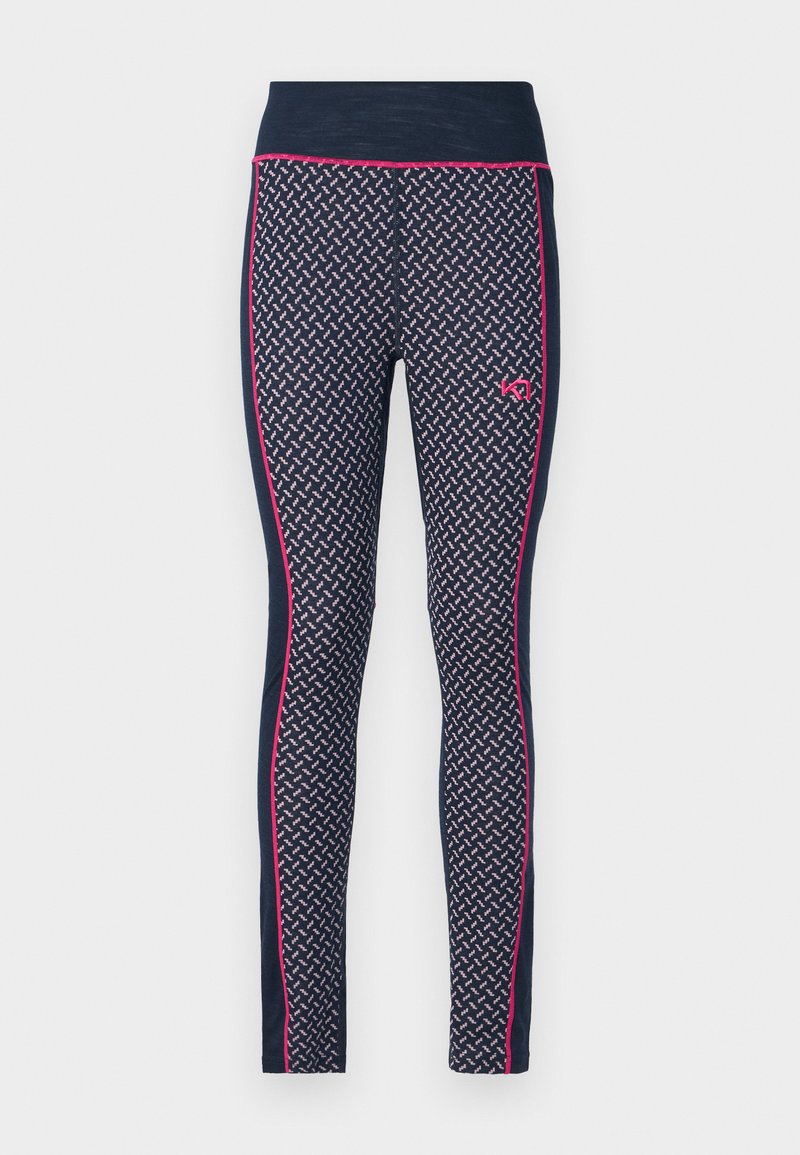 Marine leggings med mønstrete stoff som har rosa aksenter og en bred midjebånd. Designet inkluderer kontrasterende sidelapper og en logo.