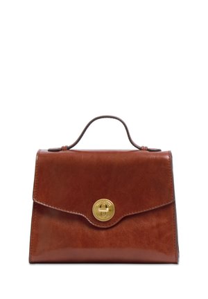 Borsa a mano in pelle marrone con manico superiore e chiusura rotonda in oro con chiave girevole sulla patta frontale.