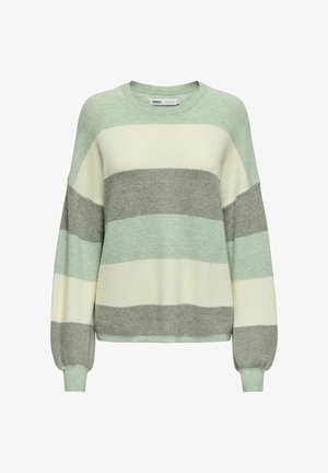 Hellgrüner, grauer und cremefarbener gestreifter Strickpullover. Runder Ausschnitt, lange Ärmel und gerippte Bündchen. Weiche Textur und lässige Passform.