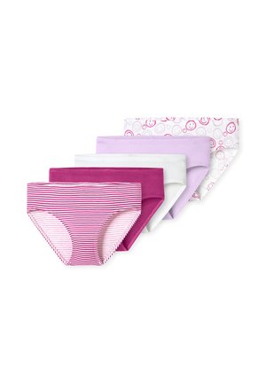 Set aus fünf Damen-Slips in verschiedenen Designs: gestreift in Pink, einfarbig Dunkelrosa, einfarbig Weiß, einfarbig Lavendel und Weiß mit pinkfarbenen Smiley-Gesichtern.