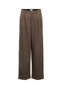 Pantalon marron taille haute à jambes larges avec passants pour ceinture, plis devant, et fermeture avant dissimulée, étiquette "OBJECT" à l'intérieur de la ceinture.