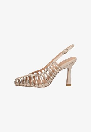 Sandalo beige con tacco alto e cinturino slingback con design a gabbia aperta e decorazioni scintillanti di strass lungo i cinturini.