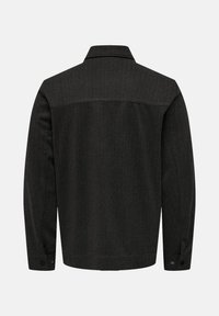 Dark gray woven jacket with a structured collar, long sleeves, and buttoned cuffs. Features a subtle texture and straight cut.