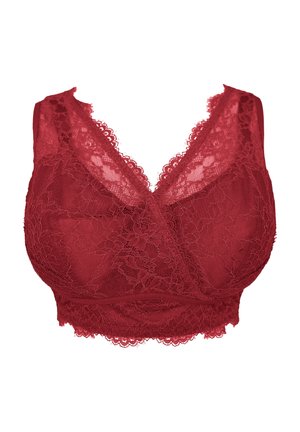 Rote Spitzen-Bralette mit tiefem V-Ausschnitt, verziert mit floralen Mustern und gewellten Kanten. Weiches, transparentes Material ohne Bügel.