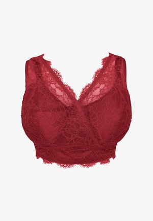 Rote Spitzen-Bralette mit tiefem V-Ausschnitt, verziert mit floralen Mustern und gewellten Kanten. Weiches, transparentes Material ohne Bügel.