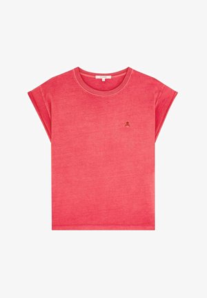 Red cotton t-shirt with a relaxed fit, round neckline, and short, rolled sleeves. Features a small brown skull logo on the chest.