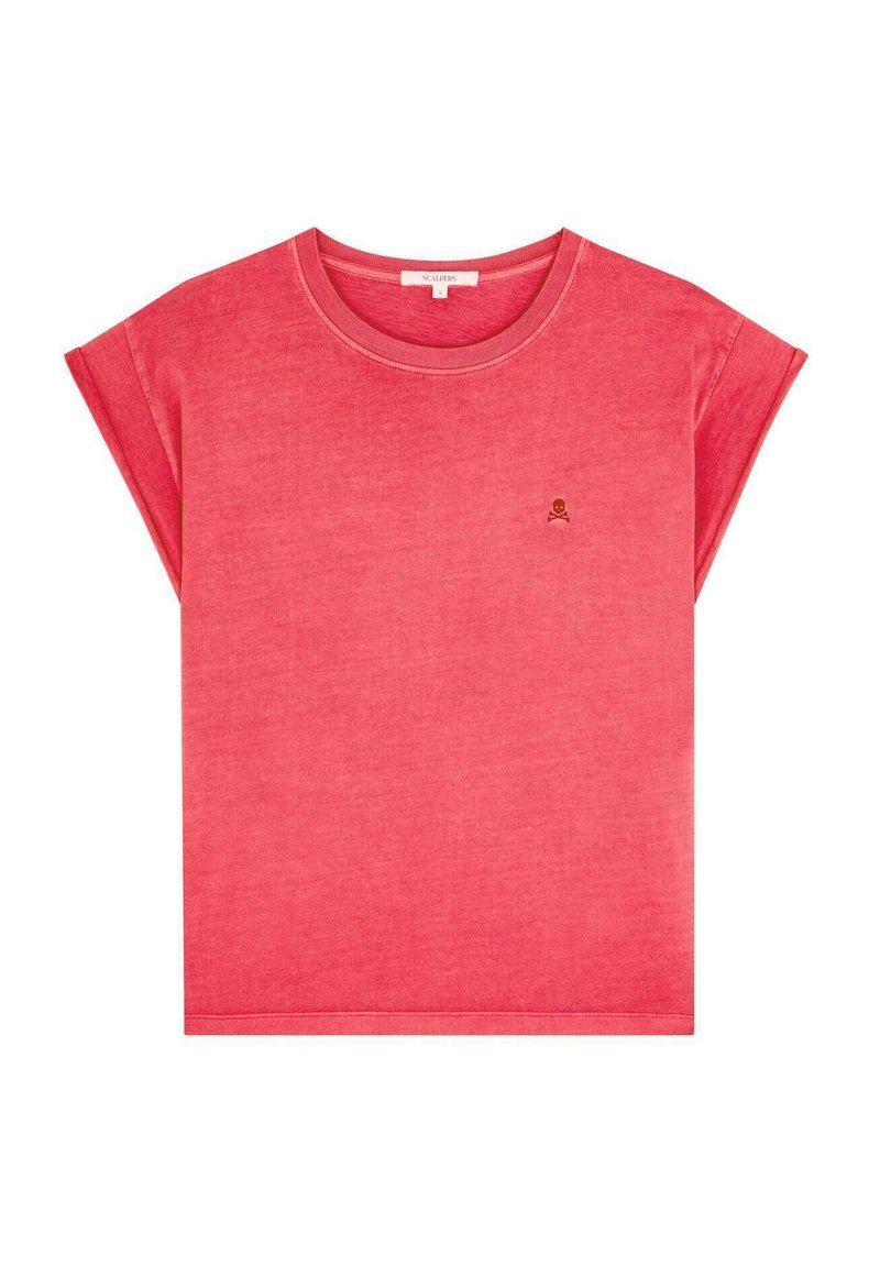 Rotes Baumwoll-T-Shirt mit lockerer Passform, rundem Halsausschnitt und kurzen, aufgerollten Ärmeln. Verfügt über ein kleines braunes Totenkopf-Logo auf der Brust.