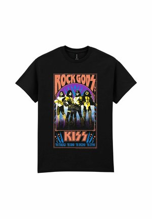 Zwart T-shirt met daarop de leden van de band KISS in kostuum, onder de tekst "ROCK GODS" met de namen The Starchild, The Demon, The Spaceman, The Catman.