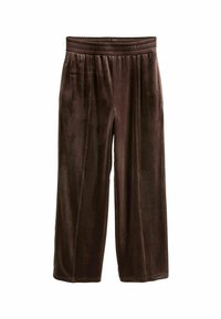 Pantalones anchos de terciopelo marrón y suave, con cinturilla elástica, que cuentan con costuras verticales y sin bolsillos visibles. Textura suave y ajuste relajado.