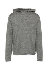 Szara bluza z kapturem, wykonana z miękkiego, teksturowanego materiału, z kieszenią kangurką, kapturem ze sznurkiem i długimi rękawami. Charakteryzuje się luźnym krojem i brakiem widocznych logo.
