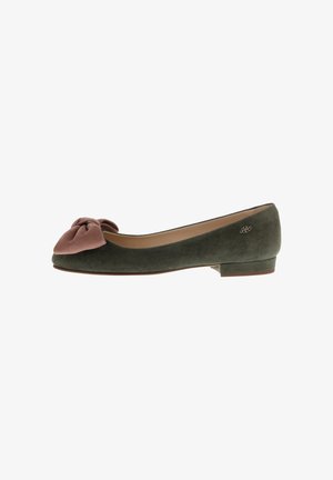 Olive green suede ballet flat with low heel and large mauve bow detail on toe, featuring small metallic logo at heel.