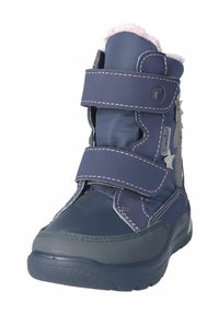 Botas infantiles de color azul marino con un acabado texturizado, correas de velcro, un cuello de piel de rosa y acentos de estrellas plateadas. Suela de goma para mayor agarre.