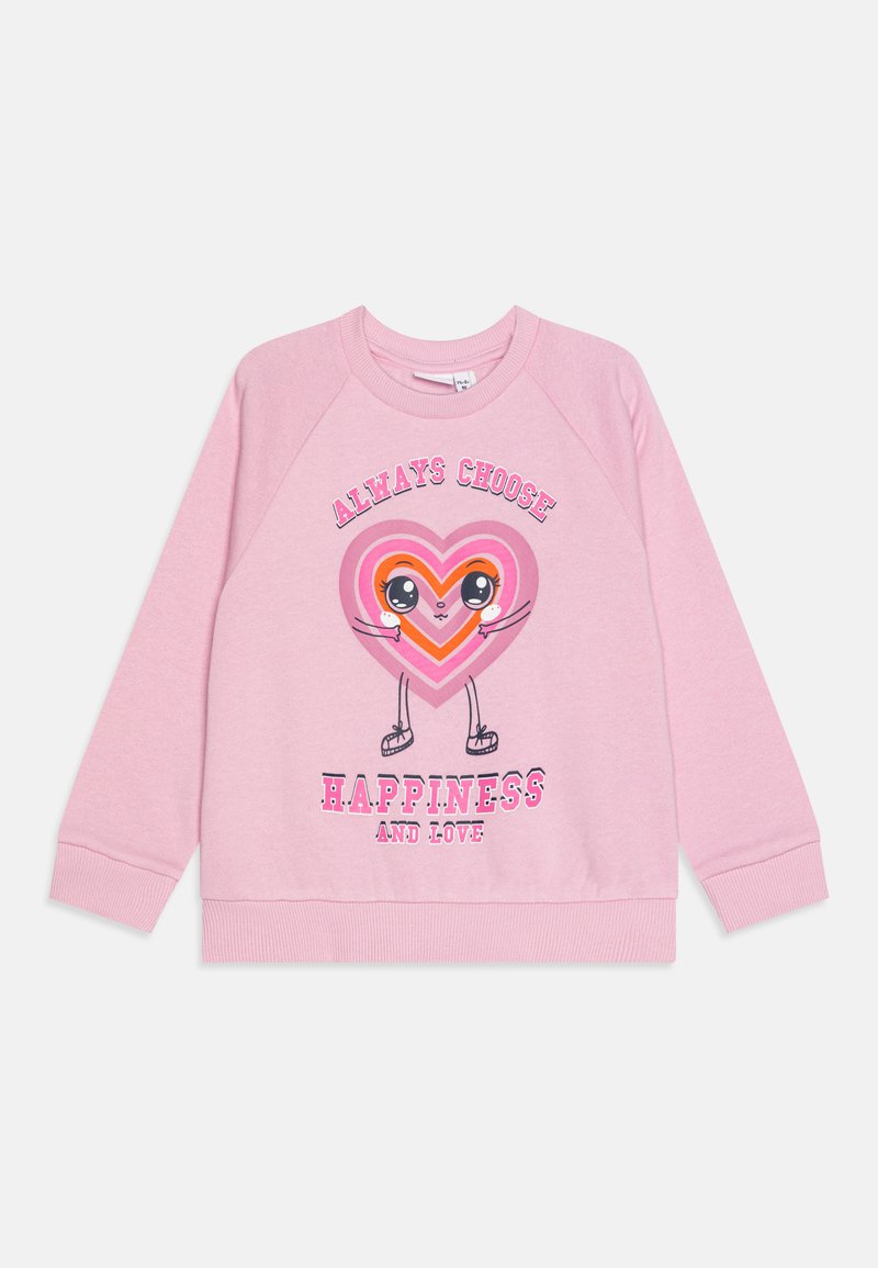 Sweatshirt rosa com mangas raglan, apresentando uma gráfica de coração e o texto "ESCOLHE SEMPRE A FELICIDADE E O AMOR" em cores vibrantes. Tecido suave.