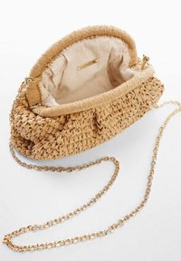 Woven straw handbag in beige with a gathered design, featuring a gold-tone chain strap and a lined interior.