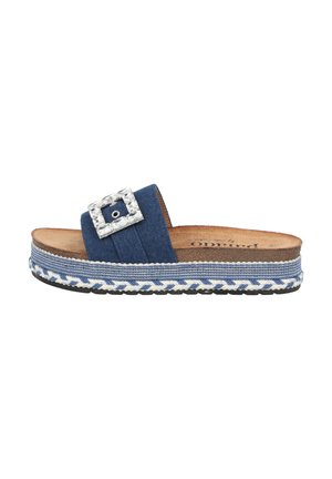 Infradito in jeans blu con una fibbia quadrata argentata, suola intermedia in corda intrecciata e suola esterna in gomma testurizzata. Soletta in pelle.