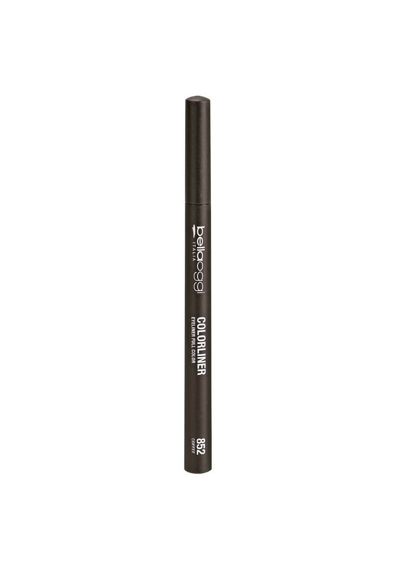 Matita eyeliner colorata con custodia nera e testo bianco, etichettata "Color Liner Eyeliner Full Color 852 Coffee," presenta una punta retrattile.