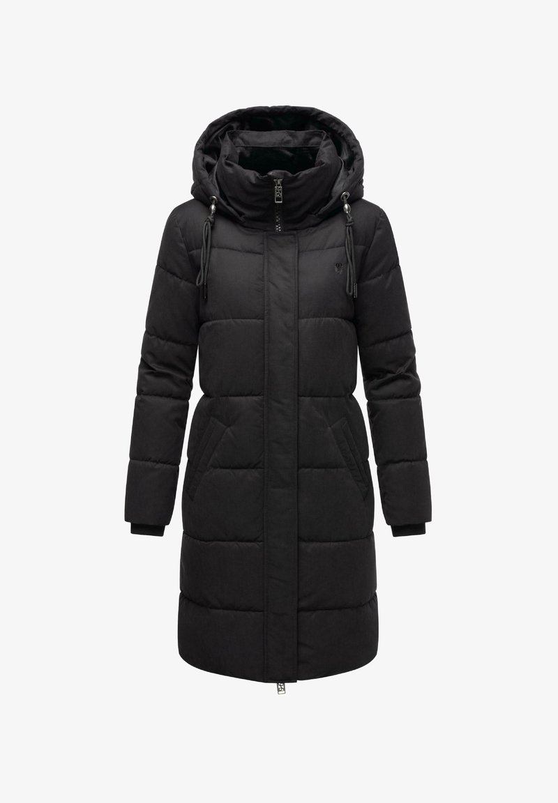 Sort pufferjakke med hætte, med lynlåslukning foran, to sidelommer og et quiltet design. Materialet er glat, med justerbare snore.