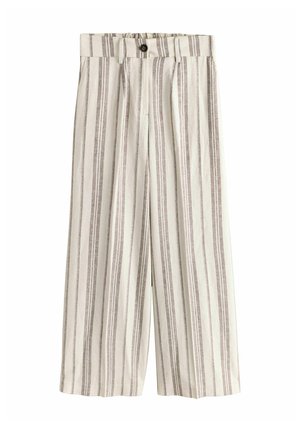 Szerokie spodnie z wysokim stanem w pionowe beżowe i białe paski, z pętlami na pasek i przednim zapięciem na guzik.
