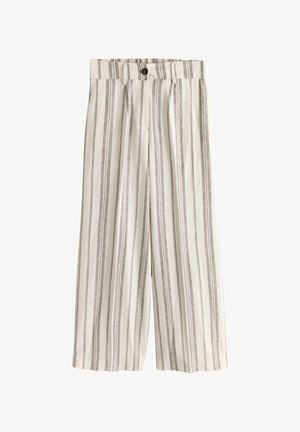 Szerokie spodnie z wysokim stanem w pionowe beżowe i białe paski, z pętlami na pasek i przednim zapięciem na guzik.