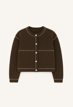 Brown long-sleeve knitted cardigan with white decorative stitch patterns and front button closure against a light background.
