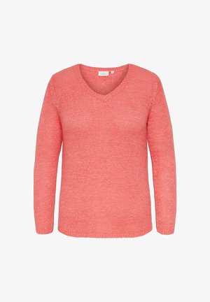 Korallrosa gestrickter Pullover mit langen Ärmeln und V-Ausschnitt, vor weißem Hintergrund dargestellt.