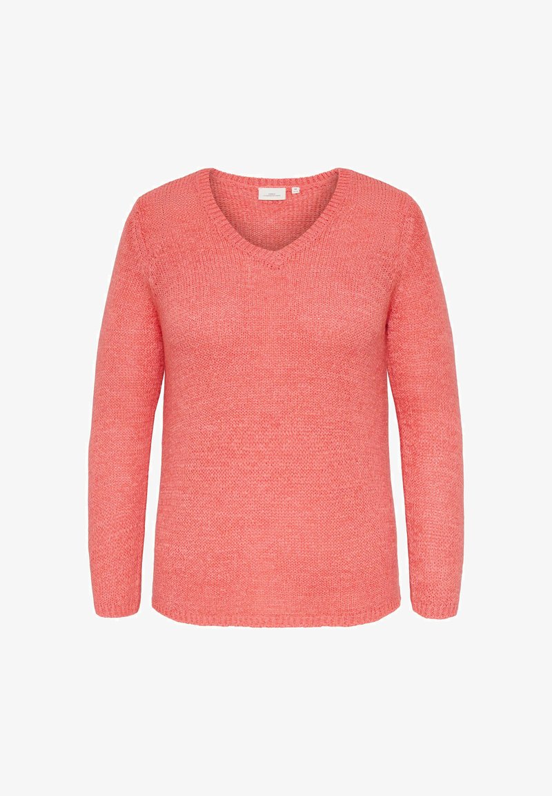 Koraļkrāsas rozā adīts džemperis ar garām piedurknēm un V veida kakla izgriezumu, attēlots uz baltas fona.