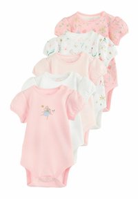 Fem baby bodysuits med korte pufærmer, i pink, hvid og blomsterprint, lavet af blød bomuld med trykknapper nederst.