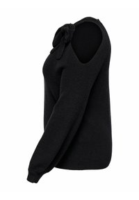 Pull en maille noire à manches longues, avec une découpe épaule dénudée d'un côté et un détail en nœud près de l'encolure.
