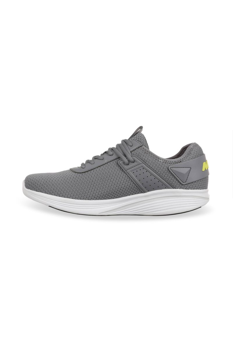 Gray athletic shoes with a mesh upper, textured finish, lace-up design, white sole, and contrasting yellow logo accent.