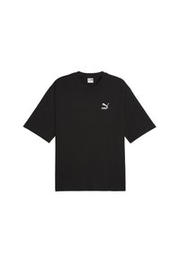 T-shirt in cotone nero con maniche corte, colletto a giro e logo Puma bianco sul lato sinistro del petto. Tessuto morbido con una vestibilità rilassata.