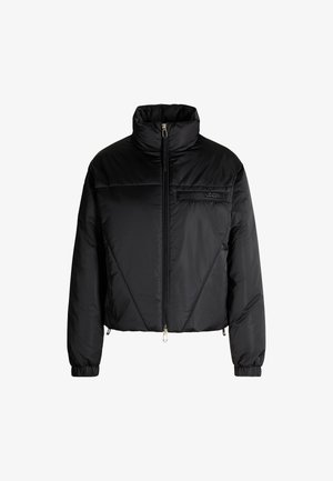 Veste en duvet noire avec col montant, fermeture éclair, poche avant et poignets élastiqués. Présente un design géométrique et une finition lisse.