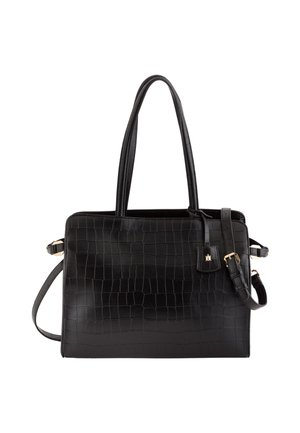 Schwarze Lederhandtasche mit Krokodilprägung, strukturiertem Design, zwei Griffen und verstellbarem Riemen. Akzente aus goldfarbenem Metall.