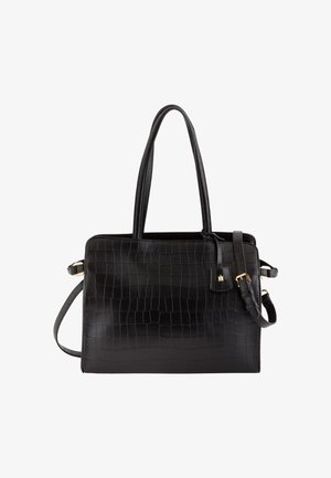 Schwarze Lederhandtasche mit Krokodilprägung, strukturiertem Design, zwei Griffen und verstellbarem Riemen. Akzente aus goldfarbenem Metall.