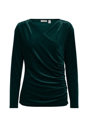 Dunkelgrünes, langärmeliges Damen-Wickeltop aus Samt mit V-Ausschnitt und gerafften Details auf der rechten Seite.