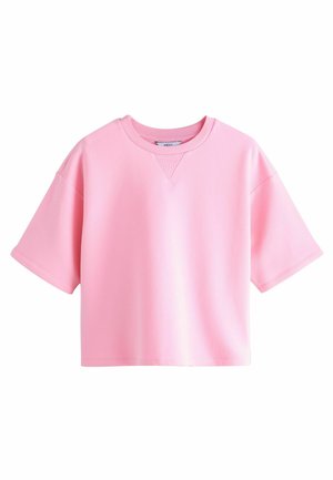 Rosa übergroßes T-Shirt aus einem Baumwollmischgewebe; mit kurzen Ärmeln, runder Halslinie und einem lässigen Schnitt mit glatter Textur.