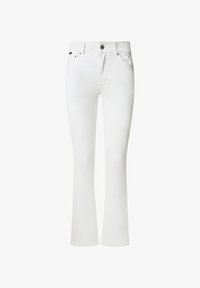 Jeans acampanados blancos hechos de una mezcla de algodón, con cierre de cremallera y botón, dos bolsillos frontales y un diseño clásico de cinco bolsillos.