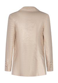Blazer beige con una leggera lucentezza, design sartoriale, frontale monopetto, colletto a scasso e tre bottoni decorativi sulle maniche.
