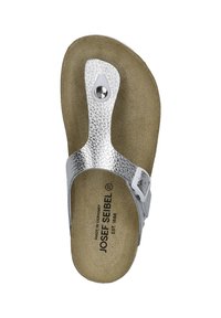 Sandale tongs argentée avec une tige texturée, boucle ajustable et semelle intérieure en brown ergonomique. Logo imprimé sur la semelle intérieure.