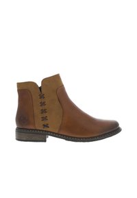 Stivaletto in pelle marrone con accenti beige, cerniera laterale, dettagli cuciti e tacco basso impilato. Texture liscia con lacci decorativi.
