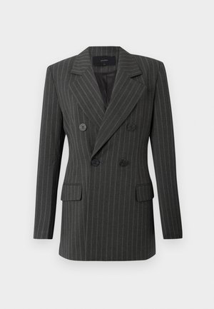 Dobbeltspent blazer i mørkegrå med stripete mønster. Har brede klaffer, to frontlommer og svarte knapper. Teksturert stoff.
