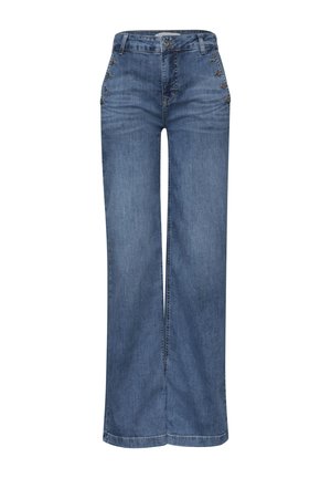 Niebieskie dżinsy z wysokim stanem i szerokimi nogawkami, zapinane na guziki i haczyki z przodu na biodrach oraz guzik w pasie.