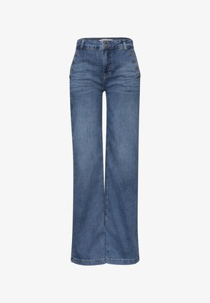 Blauwe hoge taille jeans met wijde pijpen en knoop- en haaksluitingen aan de voorkant bij de heupen en een knoop aan de tailleband.