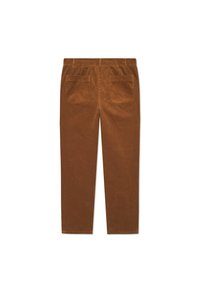 Bruine corduroy broek met een gestructureerd oppervlak, rechte pijpen, twee achterzakken en een tailleband. De kleur is een warme, aardse tint.