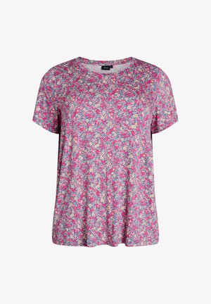 Dámske tričko s krátkym rukávom, voľného strihu, s farebnou drobnou kvetinovou potlačou v ružových, modrých a krémových tónoch.