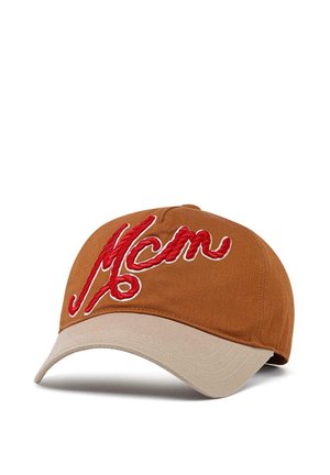 Brown cotton baseball cap with a beige brim, featuring red embroidered "MCM" lettering on the front. Smooth texture and structured design.