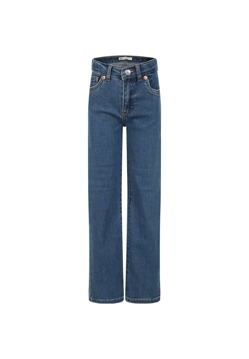 Herren Jeans aus blauer Denim, gerade Passform, mittlere Wäsche, Fünf-Taschen-Stil, Metallknopf und Nieten, gestickte Details.