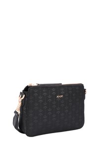 Borsa a pochette nera con motivo, dotata di chiusura a zip, con un delicato design floreale, hardware in tonalità oro e una tracolla regolabile.